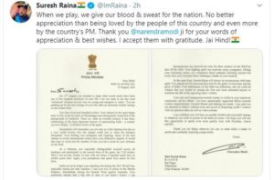 PM Modi writes letter to Suresh Raina